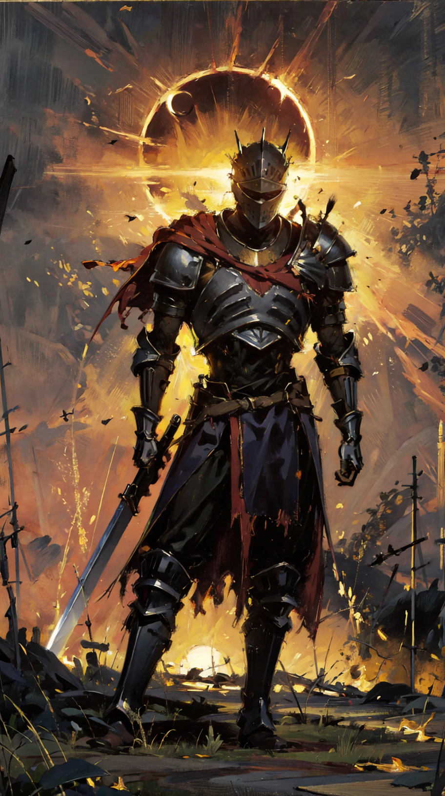 <lora:Soul_of_Cinder:0.8>,standing,armor,helmet,a man,a massive solar eclipse,battlefield,sword inserted on the ground,a l...